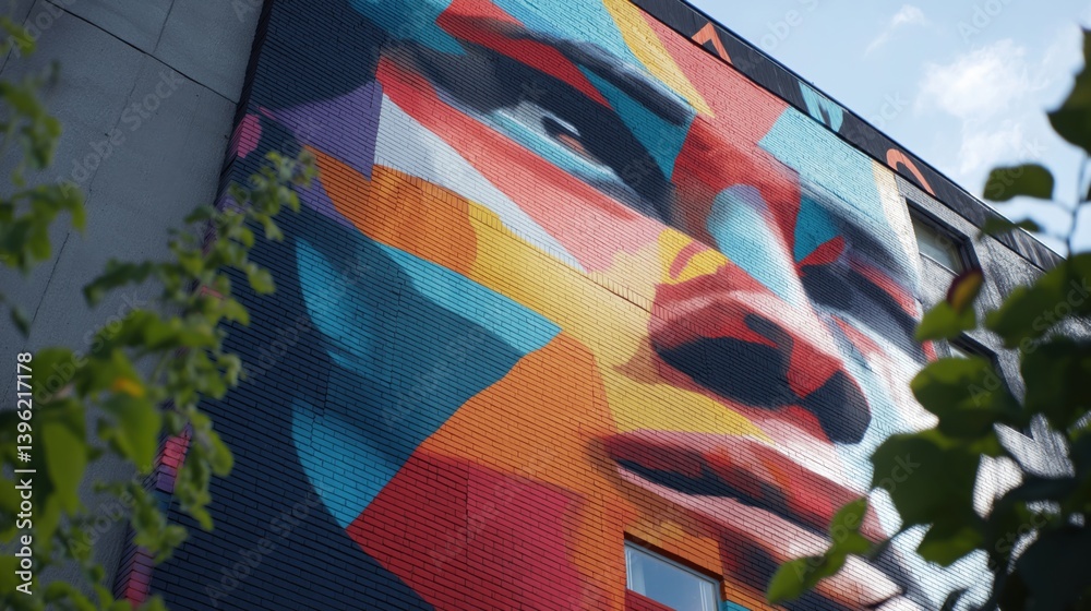 Colorful mural with vibrant geometric shapes on building facade in urban setting during daylight.