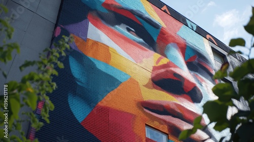 Obraz na płótnie Colorful mural with vibrant geometric shapes on building facade in urban setting during daylight. w salonie