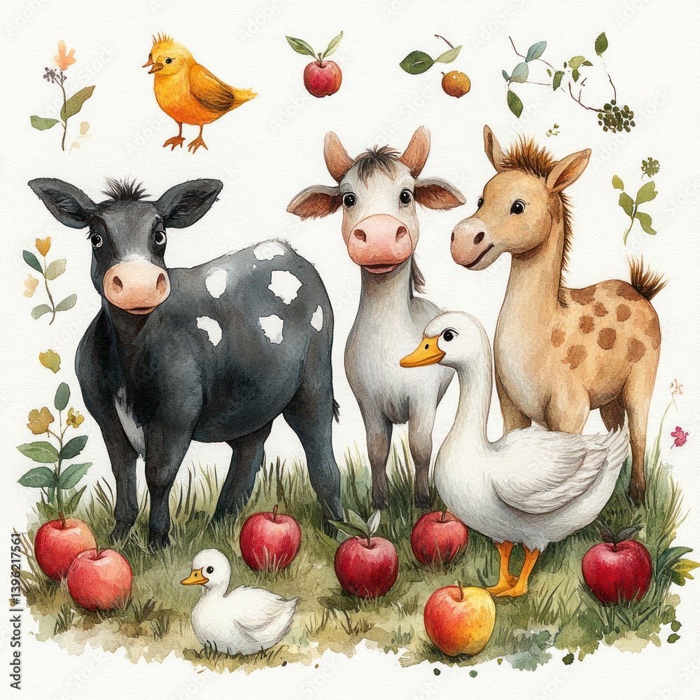 Naklejka premium Whimsical Farm Scene Watercolor with Cow Duck Goose Donkey Surrounded by Apples Grass for Childrens Decor Education