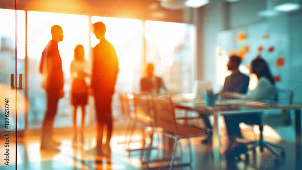 Blurred people silhouettes working in office at sunset, deal negotiation, teamwork brainstorming, business strategy