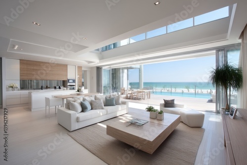 Bright living room with ocean view and white furniture in a modern luxury home interior design