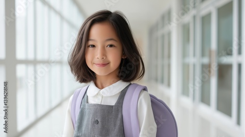 Young student stands proudly in hallway at school during a bright morning.