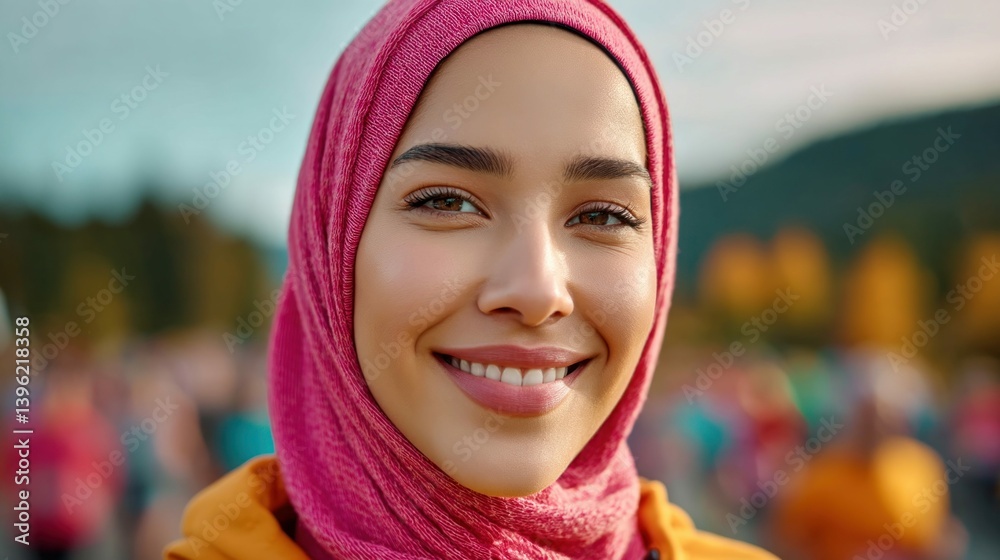 Close-up portrait of a smiling woman wearing a pink hijab with a joyful expression