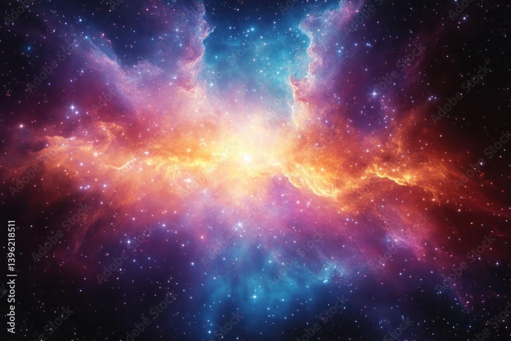 Naklejka premium Vivid Cosmic Nebula with Young Stars Radiating Light in the Deep Universe