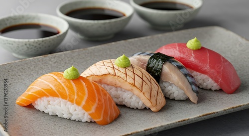 Artistic arrangement of assorted nigiri sushi on a textured plate, close-up