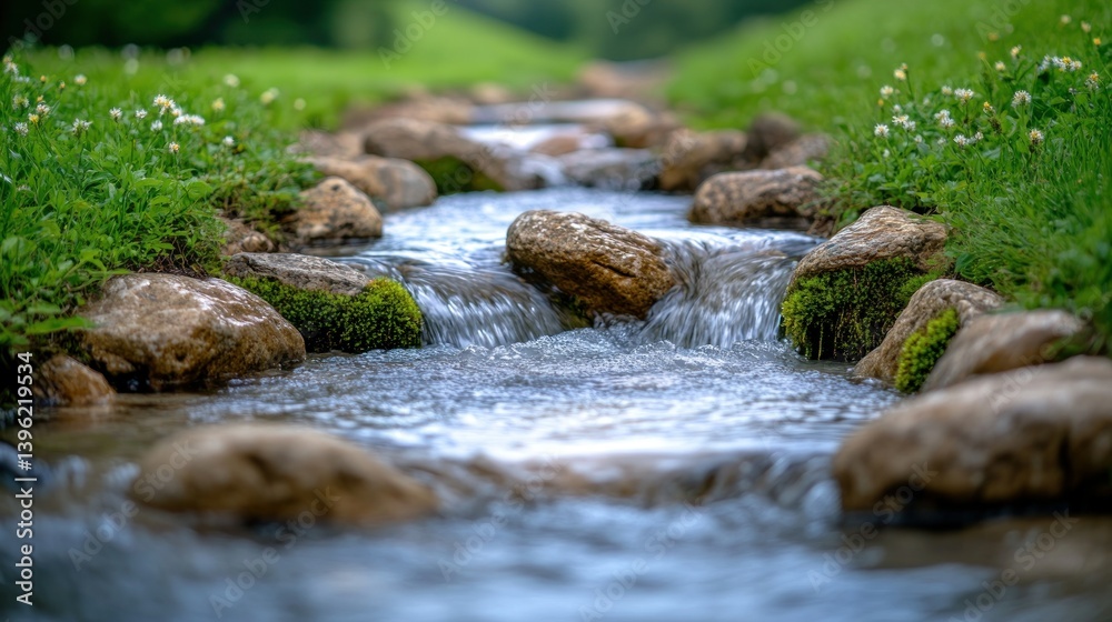 Clear stream flowing over rocks in a grassy area Clear stream flowing over rocks in a grassy area