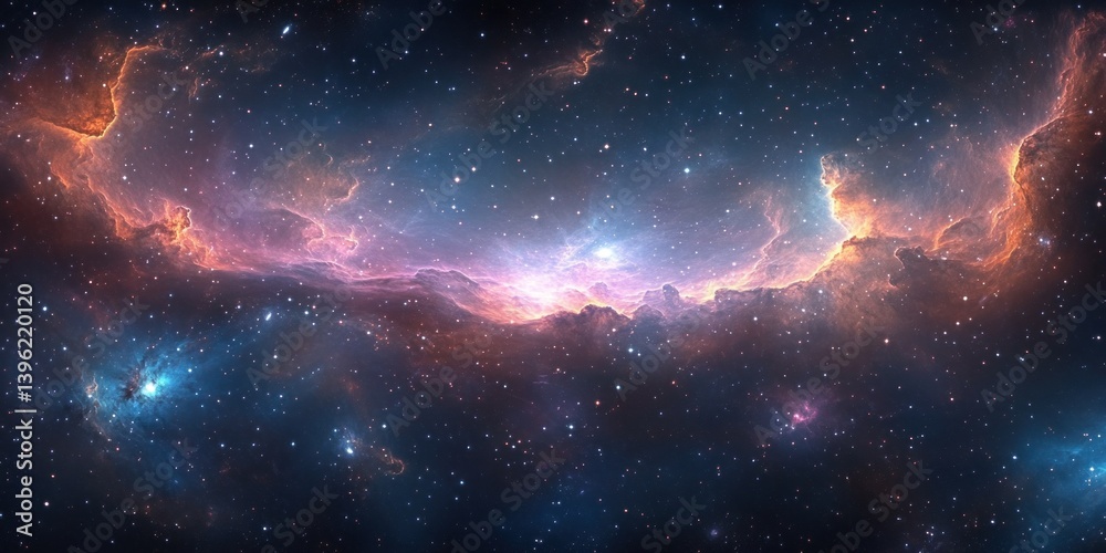 Naklejka premium Impressionistic Cosmic Panorama with Swirling Galaxies and Nebulae in Vibrant Colors and Starlight