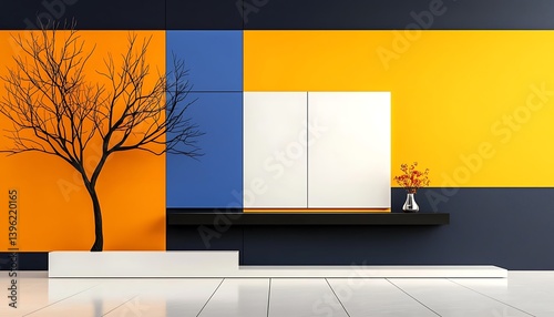 Modern interior with orange, and blue wall.