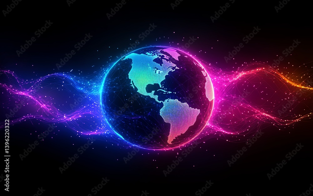 Earth with radiant neon lines, global communication network connecting continents, digital future design, AIgenerated, vibrant connection theme Earth with radiant neon lines, global communication network connecting continents, digital future design, AIgenerated, vibrant connection theme