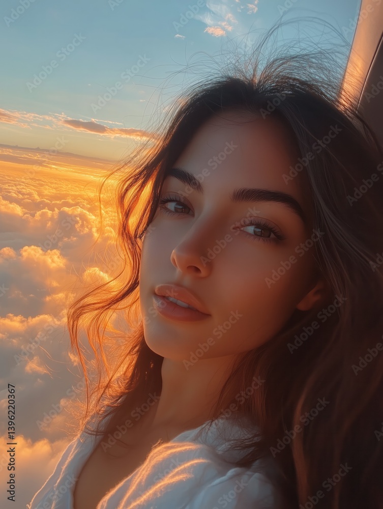Fototapeta premium Young woman enjoying sunset view from airplane window