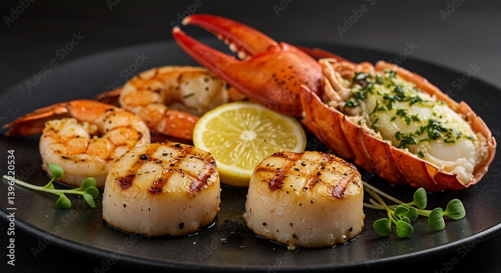 Delicate Seafood Symphony: A Luxurious Presentation of Grilled Scallops and Lobster Tail Delicate Seafood Symphony: A Luxurious Presentation of Grilled Scallops and Lobster Tail