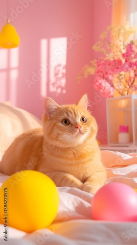 Cute cat relaxing on bed with pink room.