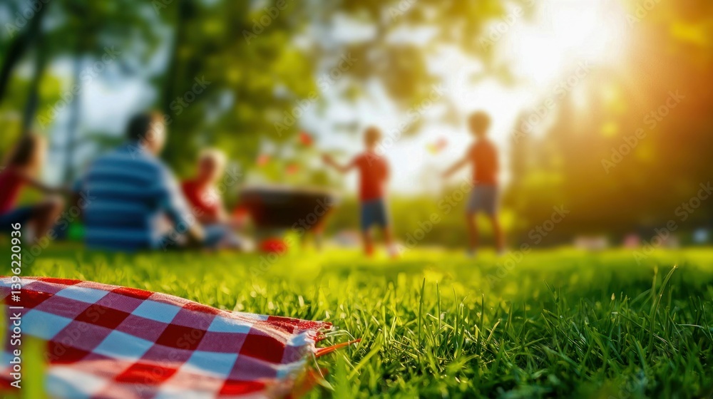 A family enjoys a lovely picnic day at a sunny park with children playing on the grass.