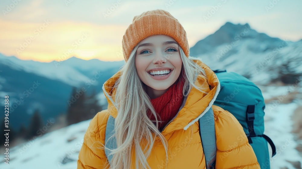 Adventurous woman with a backpack pausing on a scenic mountain trail surrounded by majestic nature and beauty Adventurous woman with a backpack pausing on a scenic mountain trail surrounded by majestic nature and beauty