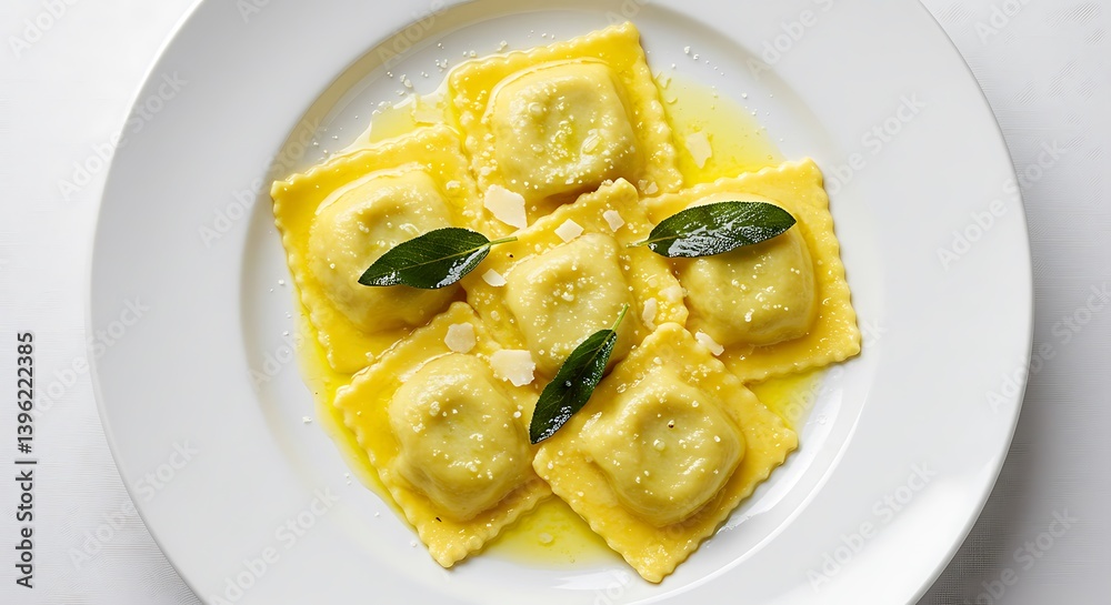 Delicious Homemade Ravioli with Butter Sauce, Fresh Sage, and Grated Parmesan Garnish Delicious Homemade Ravioli with Butter Sauce, Fresh Sage, and Grated Parmesan Garnish
