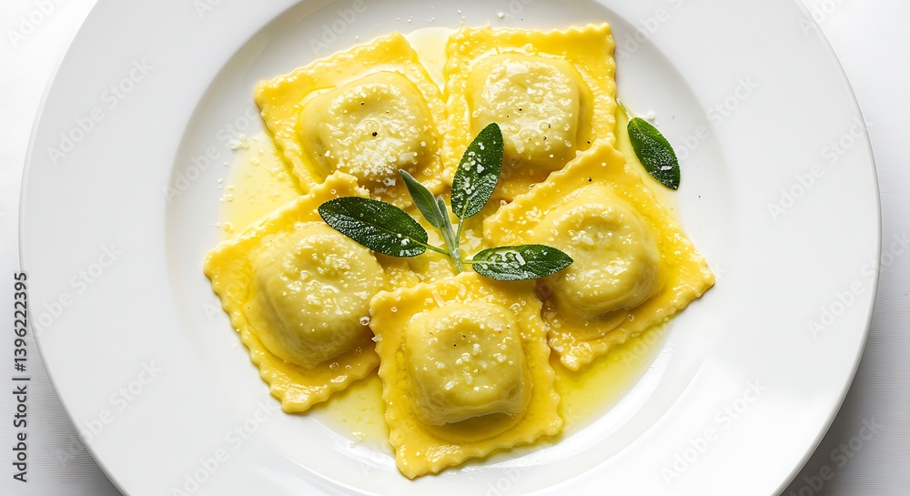 Delicious ravioli with butter and sage, presented on a white plate, top view Delicious ravioli with butter and sage, presented on a white plate, top view