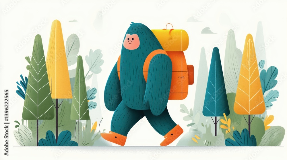 Bigfoot enjoys a peaceful hike through a vibrant forest filled with colorful trees and greenery, cartoon illustration.
