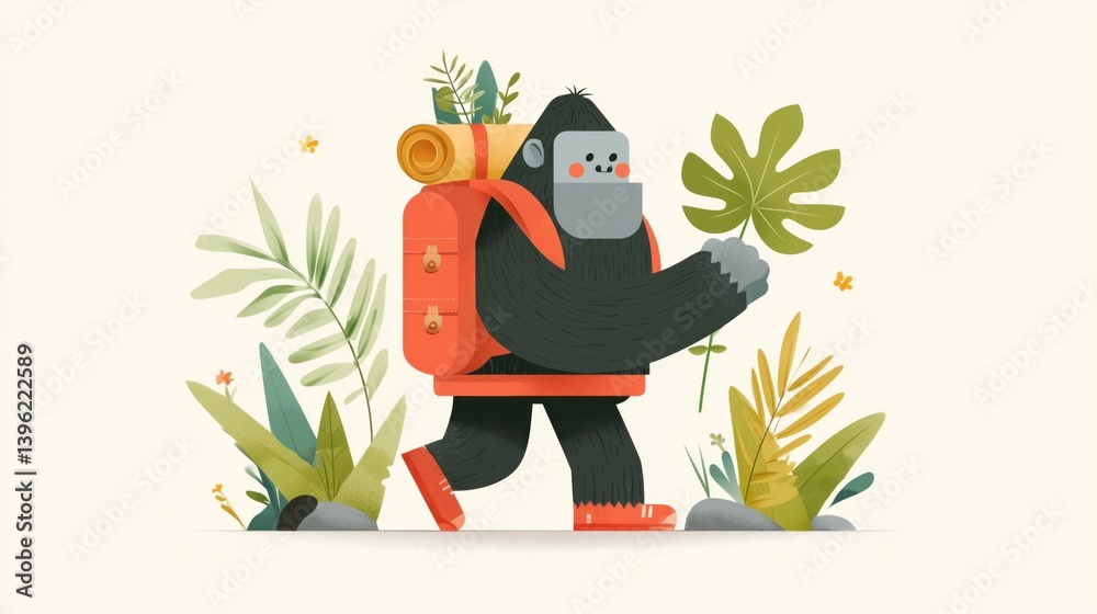 Colorful cartoon gorilla hiking through a tropical forest carrying a backpack filled with camping gear and surrounded by vibrant plants.