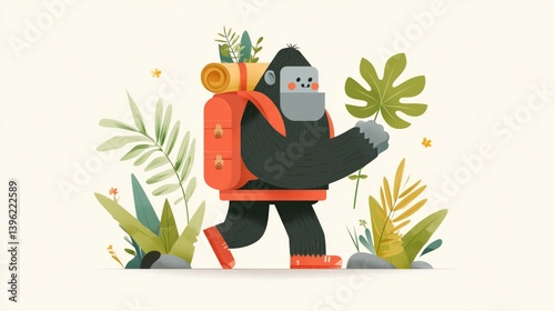 Obraz na płótnie Colorful cartoon gorilla hiking through a tropical forest carrying a backpack filled with camping gear and surrounded by vibrant plants. w salonie