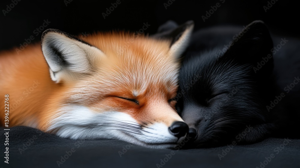 Obraz premium Two foxes cuddling, sleeping peacefully