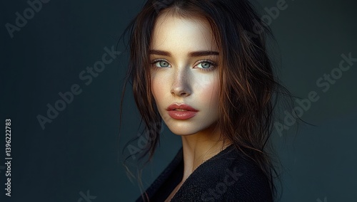 Attractive young woman dark hair blue eyes light porcelain skin posed in black coat dramatic lighting fashion portrait