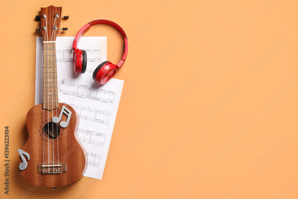 Ukulele, modern headphones and music sheets on color background