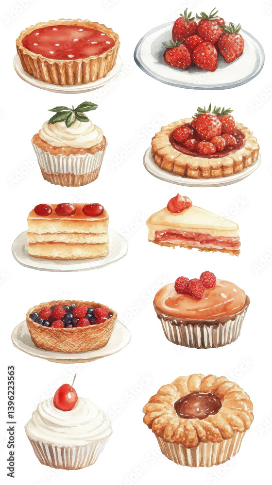 An exquisite collection of delicious desserts displayed in a beautiful watercolor style highlighting their sweetness An exquisite collection of delicious desserts displayed in a beautiful watercolor style highlighting their sweetness