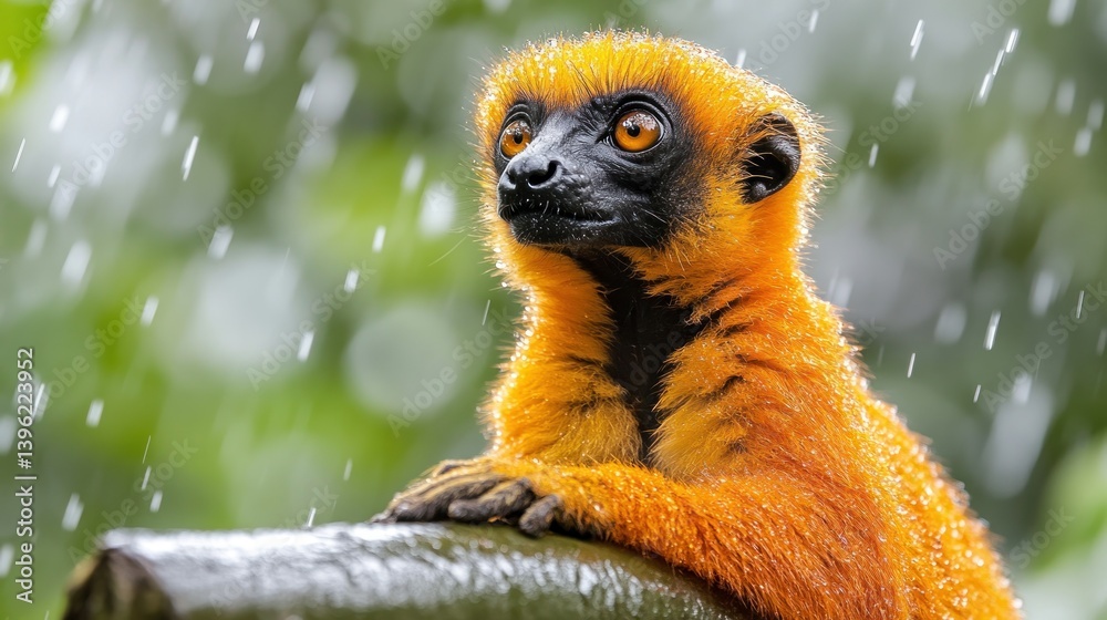 Fototapeta premium Close-up of a golden lemur in the rain