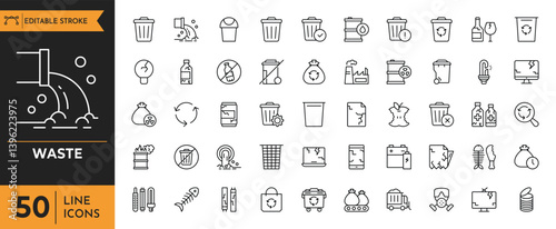 waste icon set. Containing recycling, litter, trash, pollution, landfill, waste management, composting, waste sorting and more. vector illustration