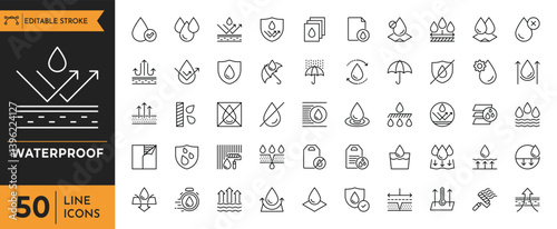 Waterproof icon set. Containing Water Protection, Water Resistant, Drops, Moisture, Anti Wetting Material, Hydrophobic, Weatherproof, Rain, and more. vector illustration