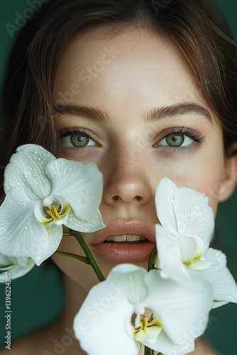 Portrait of a young woman with white orchids and fair skin green eyes beauty skincare cosmetics