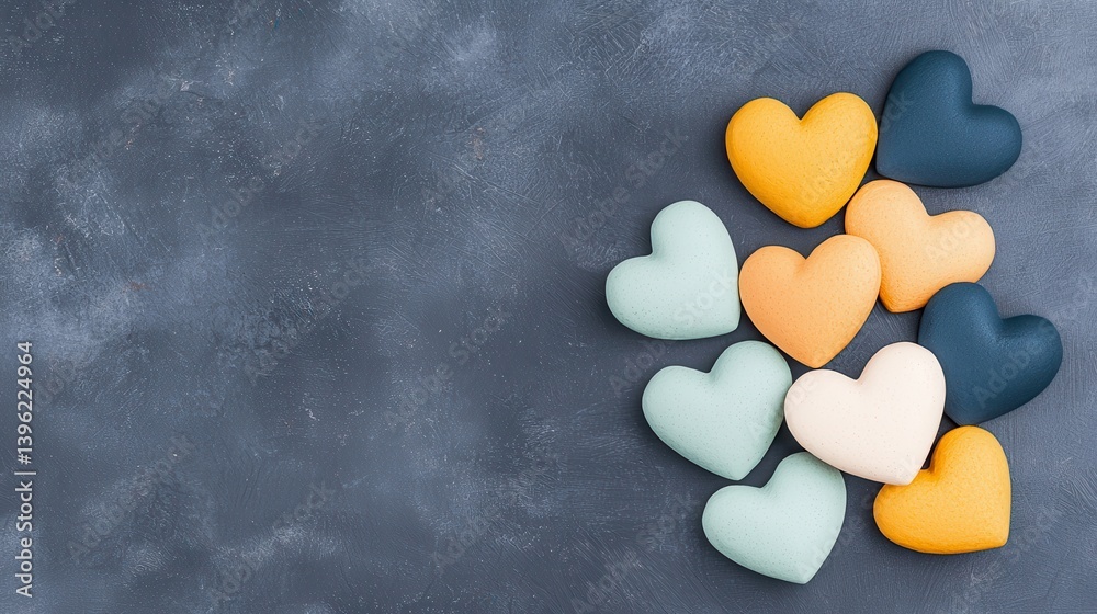 Obraz premium Colorful bunch of hearts arranged on a subtle gray background creating a heartfelt connection concept for text