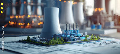 A futuristic thermal power station model with eco-friendly modifications, placed near an engineering blueprint