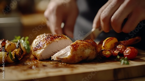 Culinary scene featuring a chef slicing a roasted chicken breast on a wooden cutting board, surrounded by vibrant roasted vegetables including cherry tomatoes and asparagus