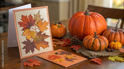 Autumnal arrangement featuring handmade leaf cards and a variety of pumpkins on a wooden table surface