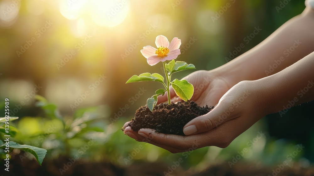 Fototapeta premium Mindful gardening experience with a person holding a beautiful flower in their hands surrounded by nature's beauty