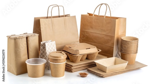 Assortment of brown paper bags containers and cups for takeout food on a white background studio shot