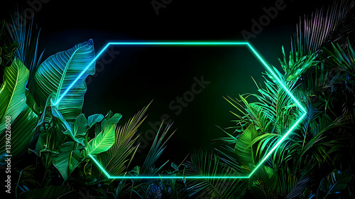 Neon Hexagon Frame With Tropical Leaves On Dark Background
