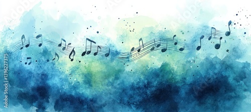 Music Notes Watercolor Abstract Blue Green Background