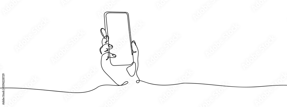 Continuous line, hand holding a smartphone line art vector illustration background editable stroke. Continuous line, hand holding a smartphone line art vector illustration background editable stroke.