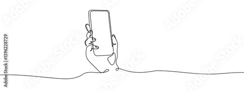 Continuous line, hand holding a smartphone line art vector illustration background editable stroke.
