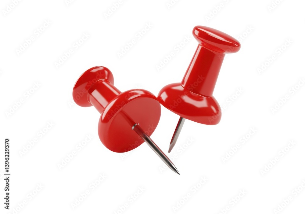 Close up of two shiny crimson pushpins on a plain surface isolated on white background Close up of two shiny crimson pushpins on a plain surface isolated on white background