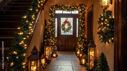 Festive Christmas entryway garland wrapped staircase glowing lantern warmly lit doorway vintage holiday decor welcoming cozy ambiance