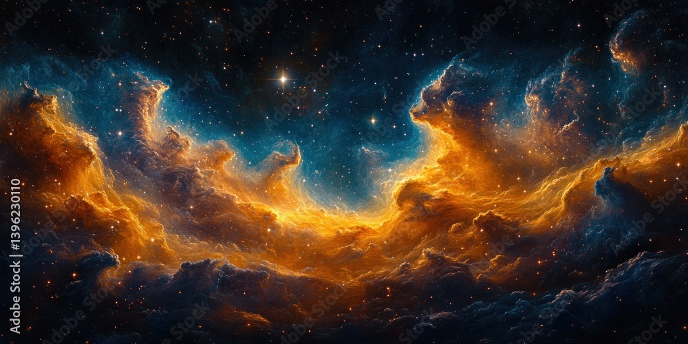 Obraz premium Breathtaking Cosmic Nebula and Bright Stars Dramatic Light Shadow Contrast in Panoramic Equirectangular Projection