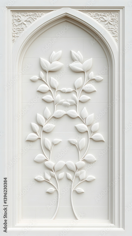 White Floral Relief Carving with Gothic Arch