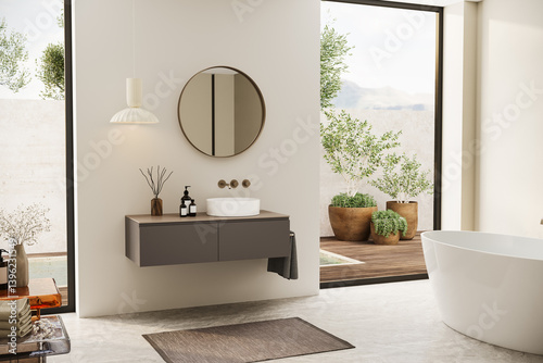 Contemporary minimalist bathroom captured from above, showcasing a harmonious layout with an oval bathtub, textured rug, and natural light. 3D top-down visualization.
