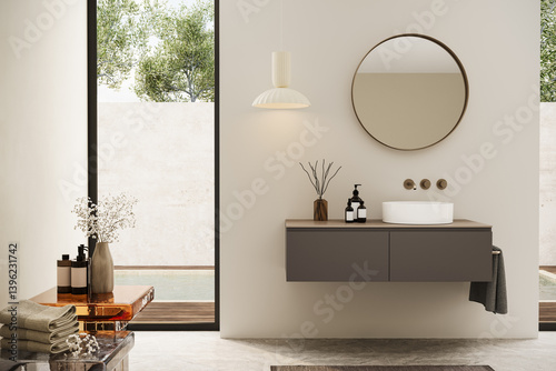 Japandi bathroom with earthy brown vanity, organic accessories, and a freestanding bathtub.  3D architectural render.
