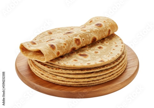 Freshly made chapati flatbread stack on wooden serving plate isolated on white background