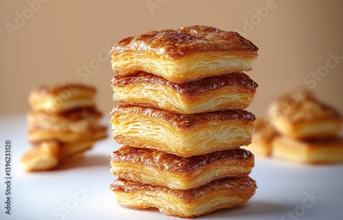 Layered Pastries with Marmalade and Golden Light on White Background