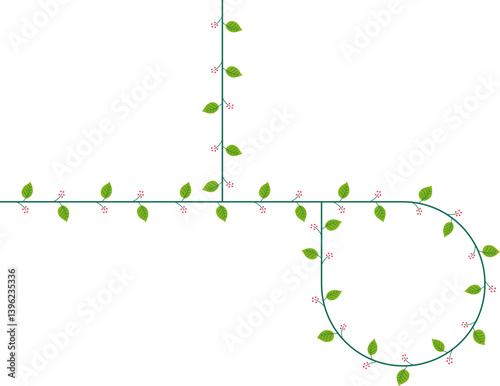 A straight line with a loop and a perpendicular line, decorated with a bunch of leaves and small fruits or flowers.